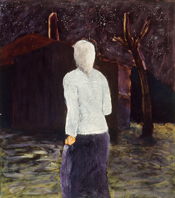 James Yuncken, Woman Approaching a House - 48cm x 43cm, oil on paper, 1996