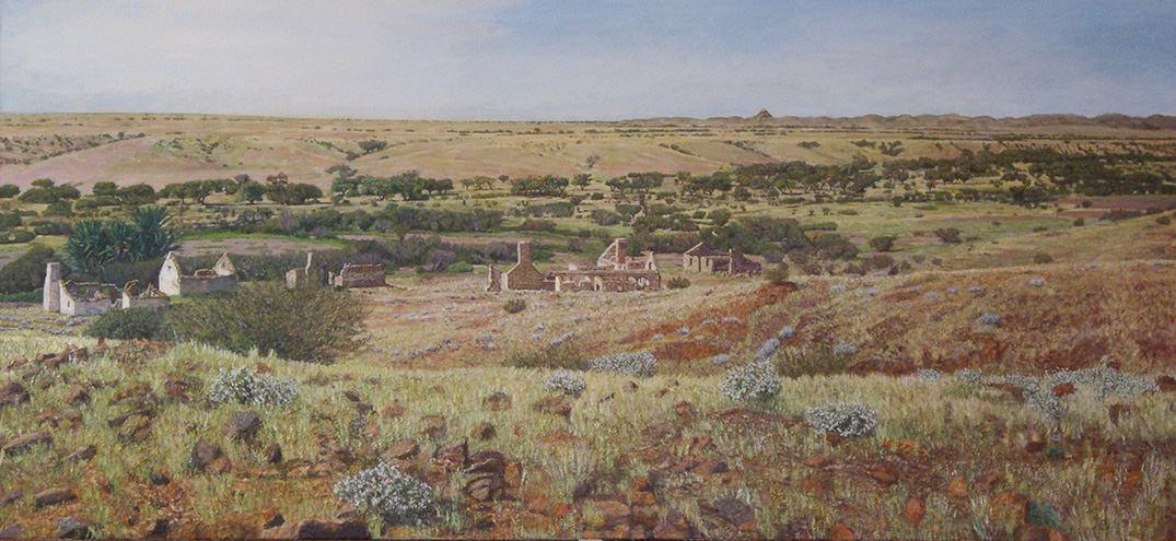 James Yuncken, Oodnadatta Track, South Australia's Outback, Peake Telegraph, 23rd May 2016, 65 x 140 cm, acrylic on canvas, 2017