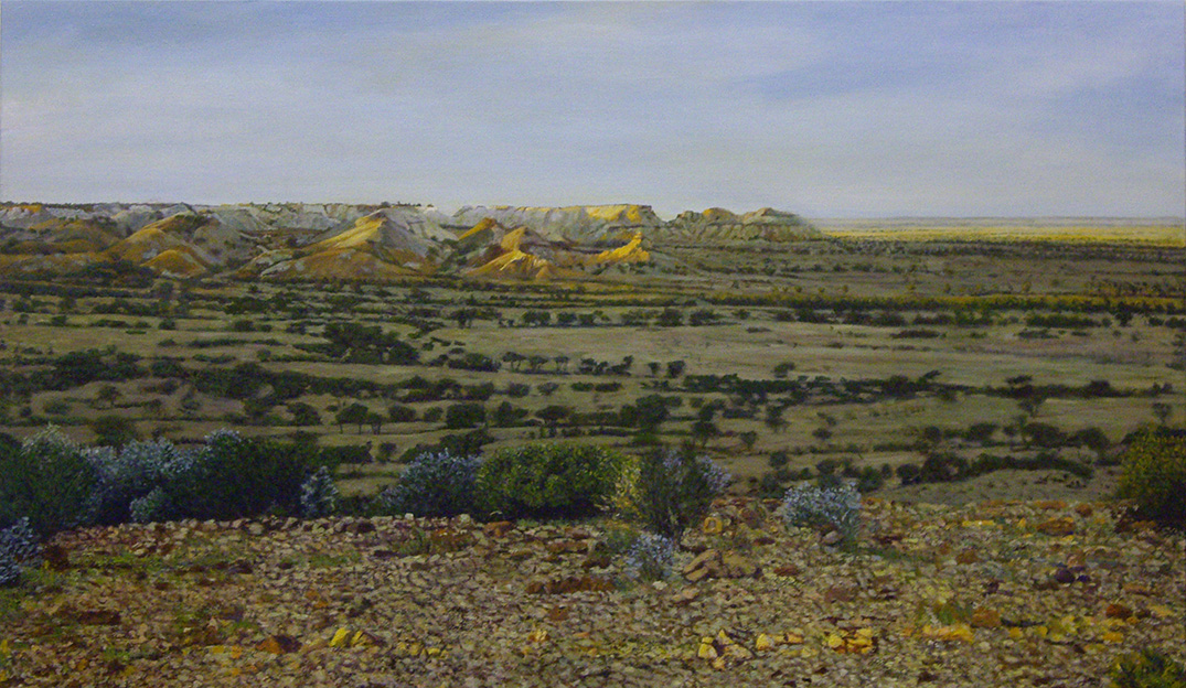 James Yuncken, Oodnadatta Track, South Australia's Outback, View from Magic Mountain, Painted Hills 
		- 70 x 120 cm, acrylic on canvas, 2018