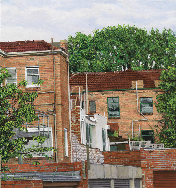 20120901 James Yuncken, Rear View of Flats, East Melbourne, evening of 25th January 2011, 50 x 47 cm, acrylic on board, 2013