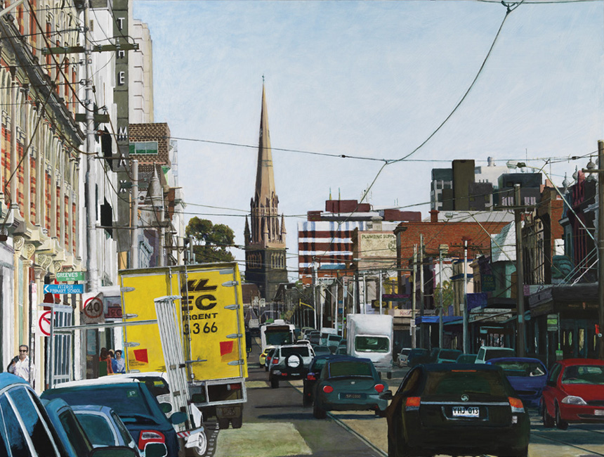 James Yuncken The Max, Brunswick St, afternoon of 3rd October, 2012 - 84 x 112 cm, acrylic on board, 2013
