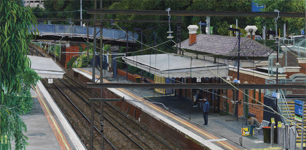 James Yuncken, Jolimont Station, afternoon of 21st December 2010 - 55 x 112 cm, acrylic on board, 2014