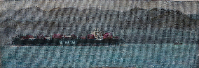 James Yuncken, Cargo Ship HMM, Hong Kong Harbour, 6 x 20 cm, acrylic on canvas, 2018