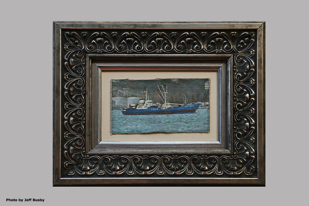 James Yuncken, Little Ship in Hong Kong Harbour, 6 x 12 cm, acrylic on canvas, 2018