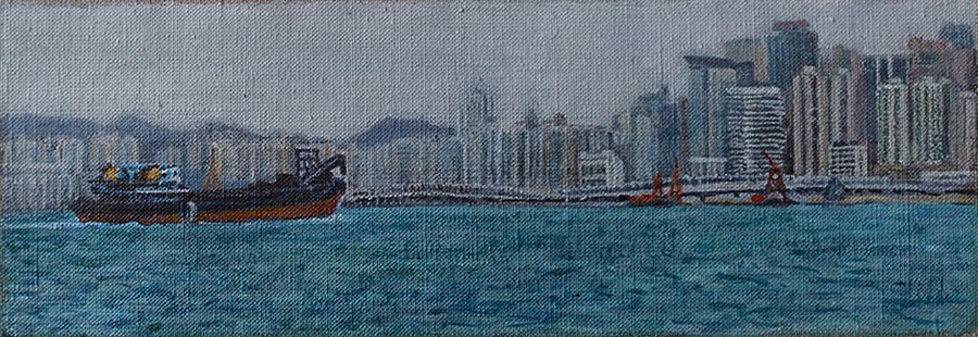 James Yuncken, Barge off Central, Hong Kong, 9 x 26 cm, acrylic on canvas, 2018