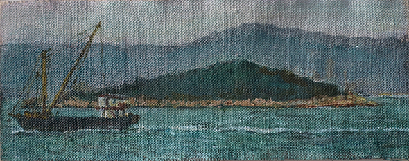 James Yuncken, Little Working Boat, Hong Kong Harbour, 7 x 17 cm, acrylic on canvas, 2018