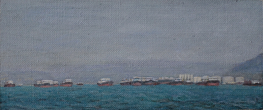 James Yuncken, Many Moorings in Hong Kong Harbour, 10.7 x 25 cm, acrylic on canvas, 2019