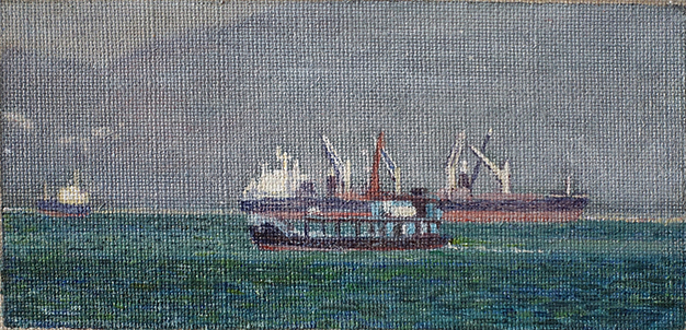 James Yuncken, Ships in mist, 9 x 19 cm, acrylic on canvas, 2019