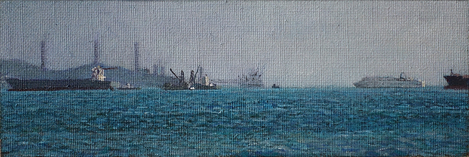 James Yuncken, Ships off Lamma Island Power Station, 9 x 27 cm, acrylic on canvas, 2019