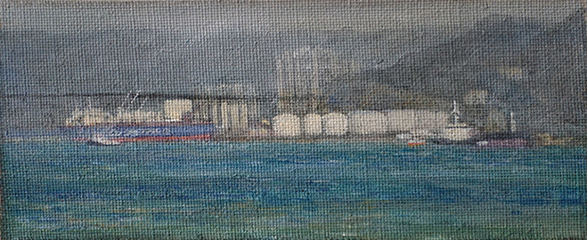 James Yuncken, Tanker in a Haze, 8 x 20.4 cm, acrylic on canvas, 2019