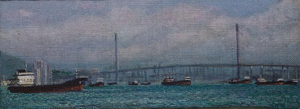 James Yuncken, Ships off Stonecutters Bridge, 10 x 27 cm, acrylic on canvas, 2020
