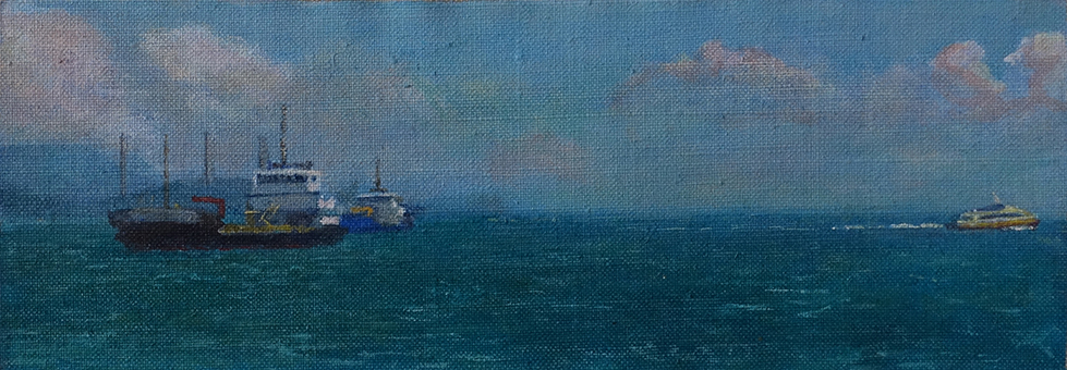 James Yuncken, Ships off Lamma Island I, 10 x 28 cm, acrylic on canvas, 2020