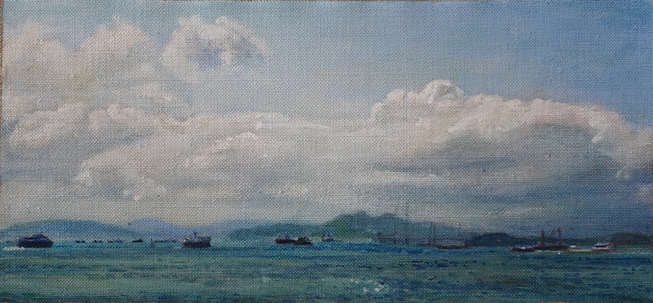 James Yuncken, New Territories From Victoria Harbour I, 13 x 28 cm, acrylic on canvas, 2020