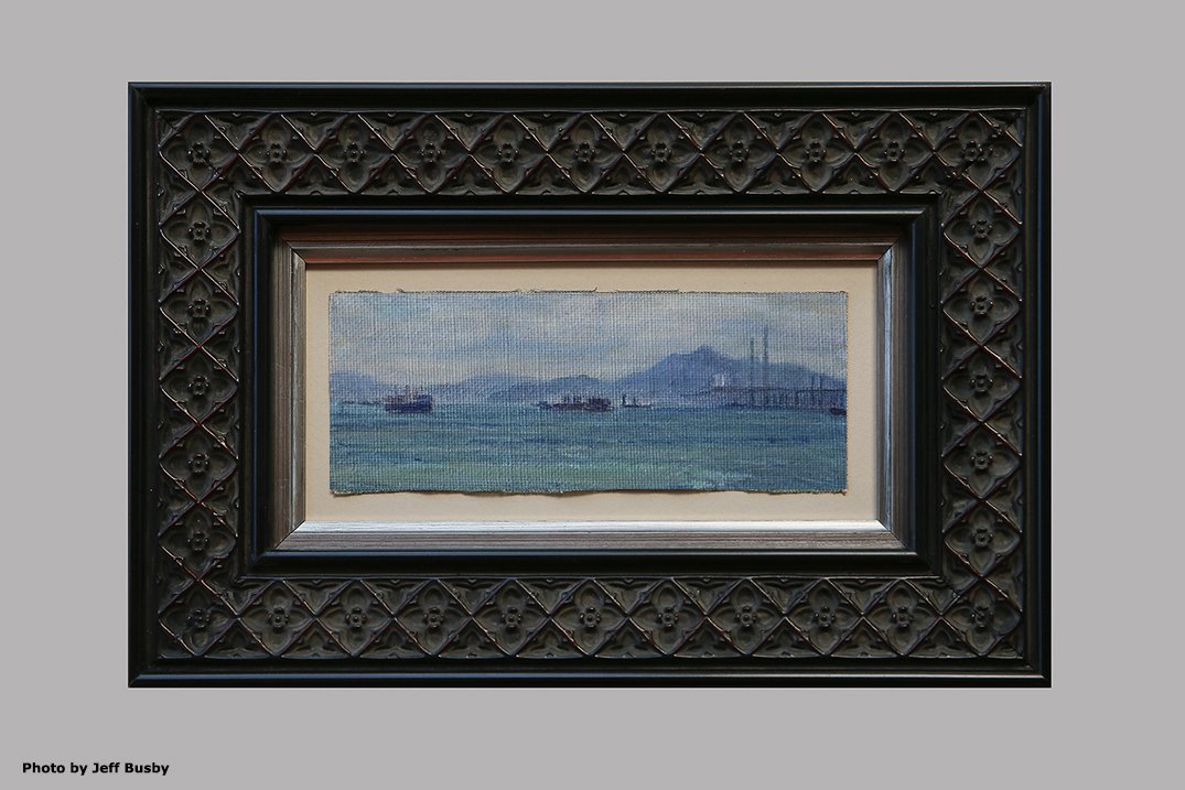 James Yuncken, New Territories From Victoria Harbour II, 7 x 17.5 cm, acrylic on canvas, 2020