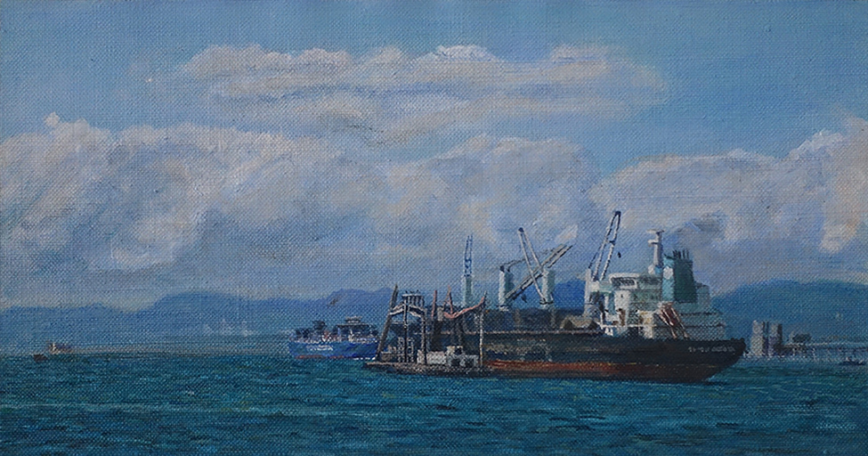 James Yuncken, Cargo Ship Hong Kong Harbour, 15 x 28.5 cm, acrylic on canvas, 2020