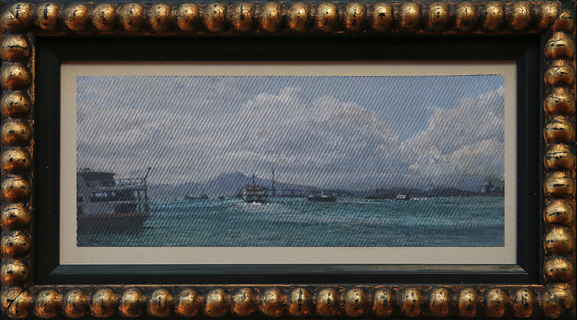 James Yuncken, Boats on Hong Kong Harbour, 8 × 20 cm, acrylic on canvas, 2020