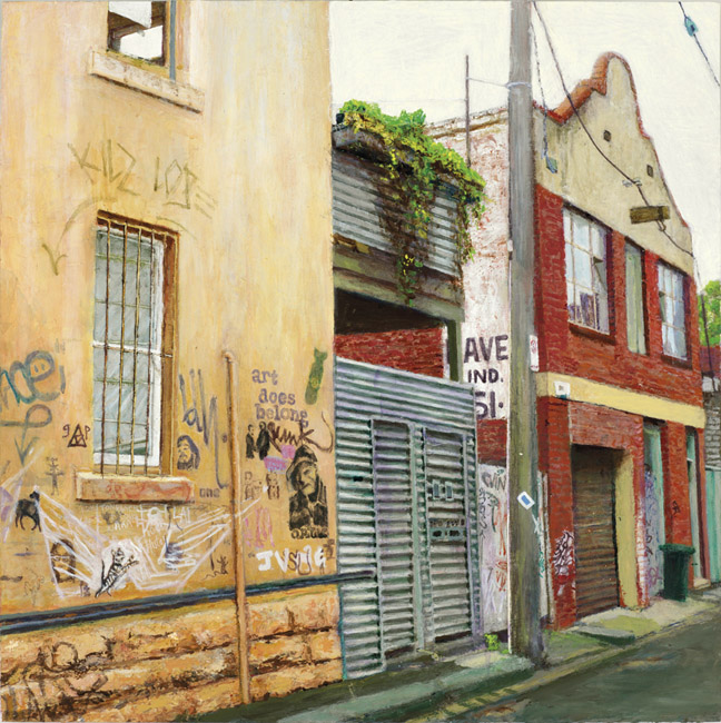 James Yuncken Art does belong, Lt Smith St, Fitzroy, afternoon of 20th December 2010 40 x 40 cm acrylic on board 2011