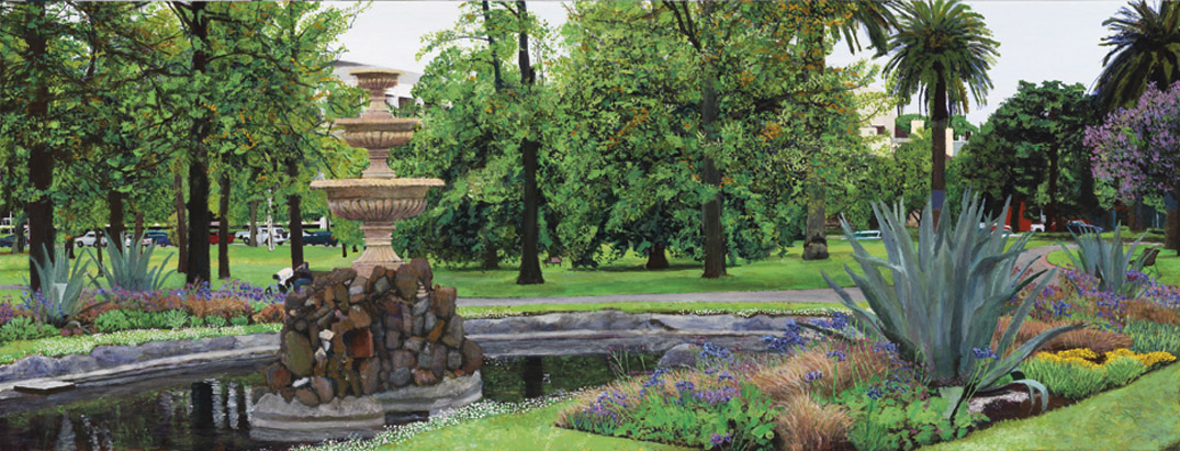 Fountain, Fitzroy Gardens afternoon of 21st December 2010 - 
			Acrylic on board, 42 x 110 cm, 2012