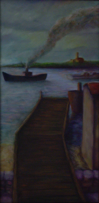James Yuncken, Wharf and two boats passing - 76 x 38 cm, oil on canvas, 1993