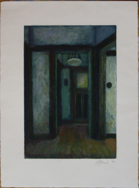 James Yuncken, Untitled - Interior Hallway - 
		Hand coloured monoprint on Hahnemuhle paper, 41 x 19.5 cm, 1990 