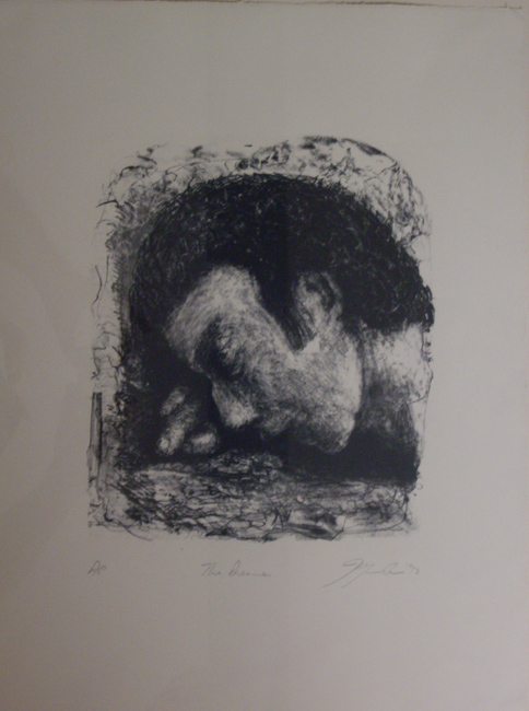 James Yuncken, The Dreamer - Edition of 5, lithograph on Pescia buff paper, 
			irregular, 25.5 x 30.5 cm (approx.), 1992